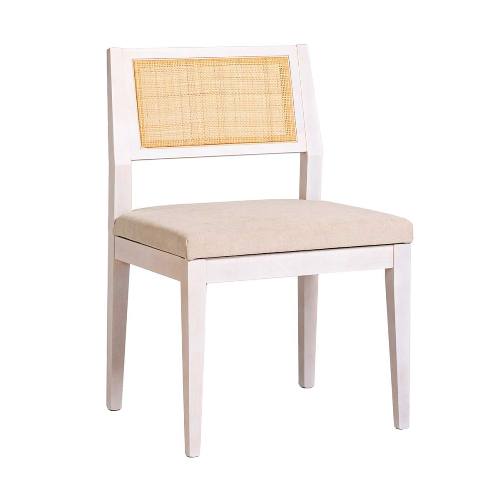 SILLA CUBA MADERA, REJILLA CANNAGE NATURAL. 88*48*56 CM. COLOR: BLANCO DECAPADO. TELA ASIENTO LIDO Nº 6 (BEIGE)