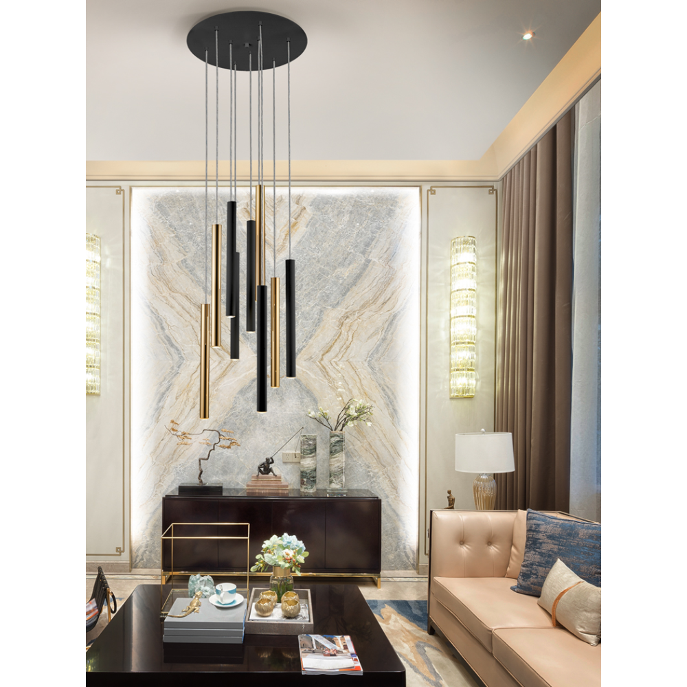 LAMPARA?VARAS?ORO/NEGRO 9L DIMABLE